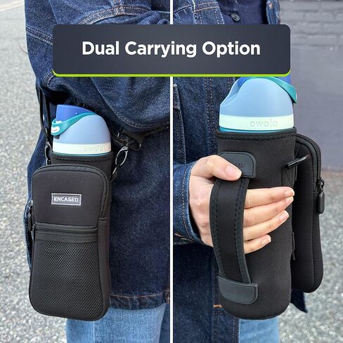 ENCASED Carrier Bag for Owala FreeSip 24oz Water Bottle - Neoprene Travel Sleeve with Hand Strap and Large Storage Pocket (Black) in Saudi Arabia