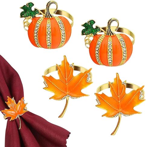 Pumpkin Napkin Rings, Fall Napkin Rings, Halloween Thanksgiving Napkins Holder, Leaf Fall Napkins Ring Set of 4, Autumn Decor Ring in Kuwait