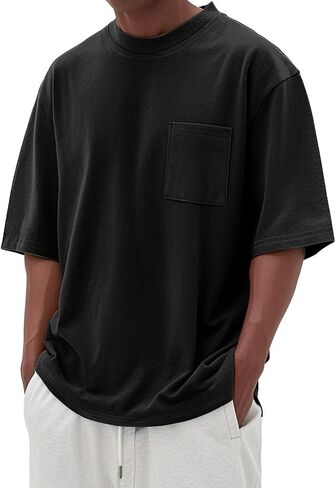 Men's Oversized Cotton T-Shirt Short Sleeve Casual Crew Neck Solid Pocket Tee Basic Workout Tops in Kuwait