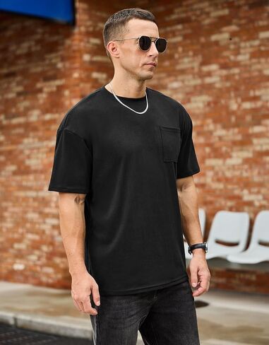 Men's Oversized Cotton T-Shirt Short Sleeve Casual Crew Neck Solid Pocket Tee Basic Workout Tops in Kuwait
