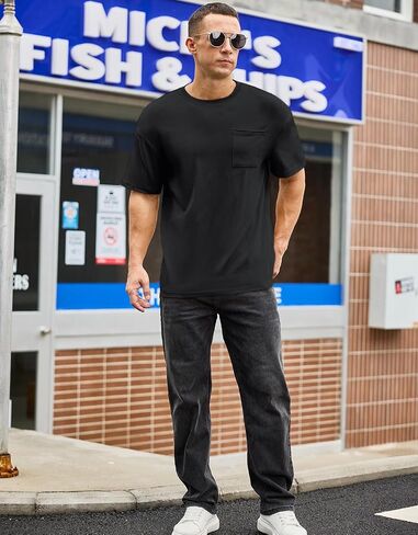 Men's Oversized Cotton T-Shirt Short Sleeve Casual Crew Neck Solid Pocket Tee Basic Workout Tops in Kuwait
