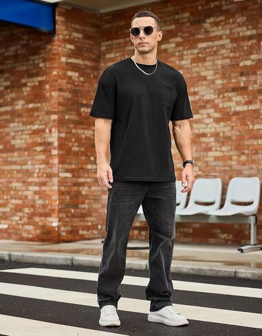 Men's Oversized Cotton T-Shirt Short Sleeve Casual Crew Neck Solid Pocket Tee Basic Workout Tops in Kuwait