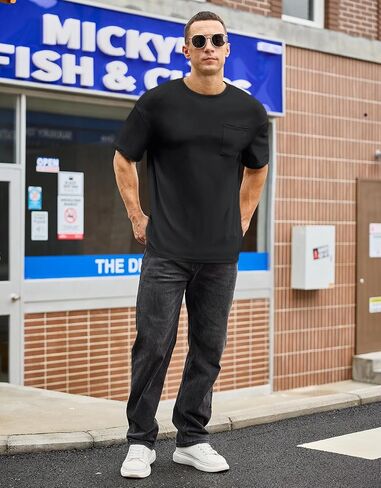Men's Oversized Cotton T-Shirt Short Sleeve Casual Crew Neck Solid Pocket Tee Basic Workout Tops in Kuwait