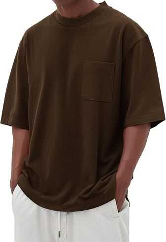 Men's Oversized Cotton T-Shirt Short Sleeve Casual Crew Neck Solid Pocket Tee Basic Workout Tops in Kuwait