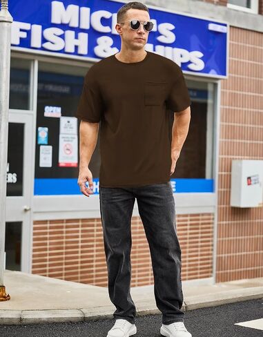 Men's Oversized Cotton T-Shirt Short Sleeve Casual Crew Neck Solid Pocket Tee Basic Workout Tops in Kuwait