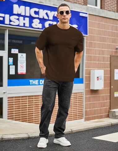 Men's Oversized Cotton T-Shirt Short Sleeve Casual Crew Neck Solid Pocket Tee Basic Workout Tops in Kuwait