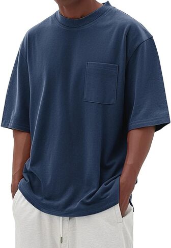 Men's Oversized Cotton T-Shirt Short Sleeve Casual Crew Neck Solid Pocket Tee Basic Workout Tops in Kuwait