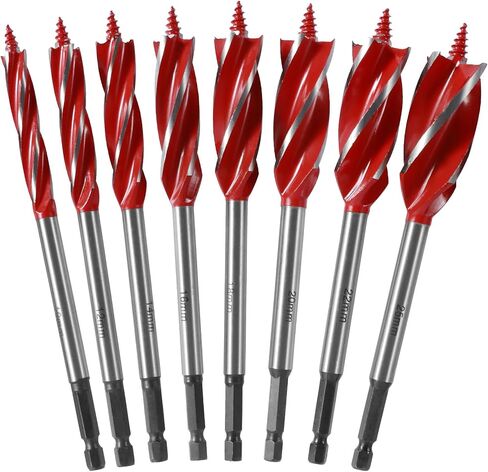 8Pcs Wood Auger Drill Bit Set High-Carbon Steel 4 Flute Cut Drilling Bit Kit, 25/64", 15/32", 35/64", 5/8", 45/64", 25/32", 55/64", 63/64" Inch Size with 1/4" Quick Change Hex Shank in Saudi Arabia