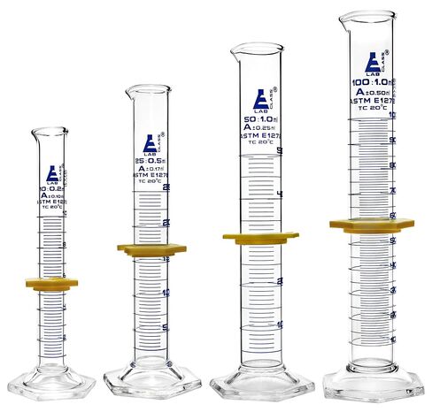 مجموعة أسطوانات متدرجة من Eisco - ASTM ، الفئة A - 10 مل ، 25 مل ، 50 مل و 100 مل - الياقات الواقية ، قاعدة سداسية - التخرج الأزرق - البورسليت 3.3 زجاج in Kuwait