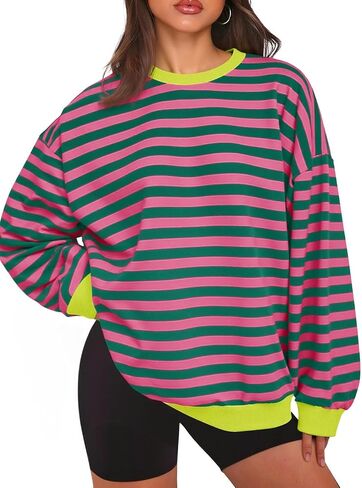 Tankaneo Womens Oversized Color Block Sweatshirts Striped Crew Neck Fall Tops Loose Fit Long Sleeve Pullover Shirts in Saudi Arabia