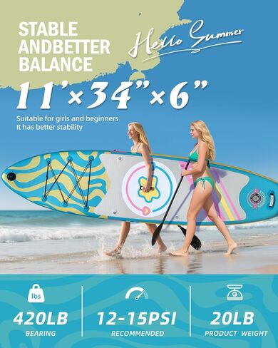 11'STAND UP PADDLE BADARDS CONTROL مع إكسسوارات SUP PREMIUM SUP على ظهر حقيبة الظهر والزعانف القابلة للإزالة ، لوحات مجداف قابلة للنفخ 34 بوصة من جميع مستويات المهارة in Saudi Arabia