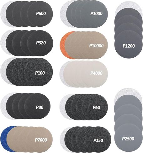 3 Inch Sanding Discs, 60 Pcs Wet Dry Sandpaper Pads 60/80/100/150/320/600/1000/1200/2500/4000/7000/10000 Grit for Wood Metal Jewelry Car Polishing in Saudi Arabia
