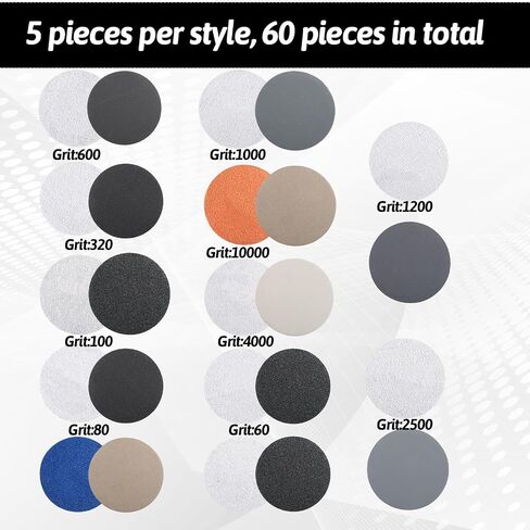 3 Inch Sanding Discs, 60 Pcs Wet Dry Sandpaper Pads 60/80/100/150/320/600/1000/1200/2500/4000/7000/10000 Grit for Wood Metal Jewelry Car Polishing in Saudi Arabia