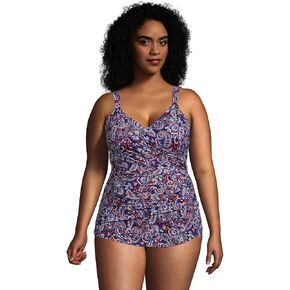 Lands 'End Womens Slender v-deace Tunic One One Swimsuit Deep Sea Navy Retro Paisley DDD-CUP Plus 24W in Kuwait