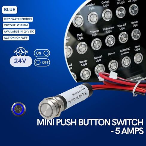 BTRWPSW Mini Push Button Switch - Stainless Steel, 5 Amps (On/Off/Blue LED / 24V) in Saudi Arabia