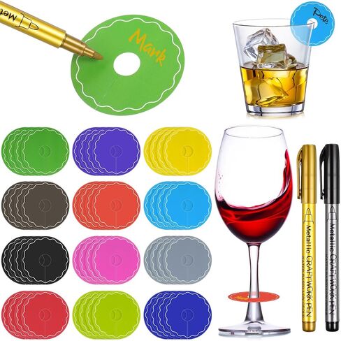 Deekin 48 Pcs Wine Glass Name Tags Personalized Disposable Paper Drink Identifier Markers Charms with Pen Drink Labels to Write for Wedding Bachelorette Birthday Summer Party Supplies(Round Flower) in Saudi Arabia