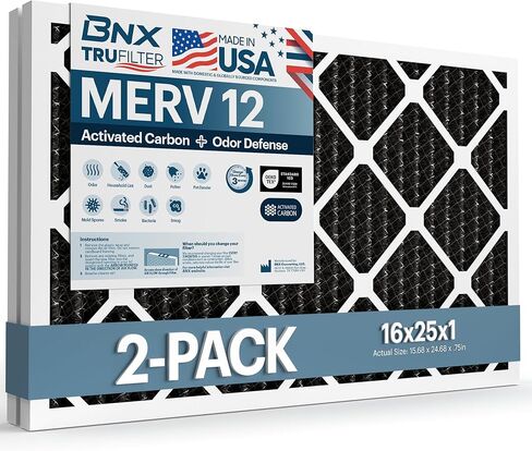 BNX TruFilter 16x25x1 MERV 12 Odor Defense (2-Pack) AC Furnace Air Filter with Activated Carbon - MADE IN USA - Pleated Air Conditioner HVAC AC Furnace Filters - Removes Odor, Mold, Bacteria, Smoke in Kuwait