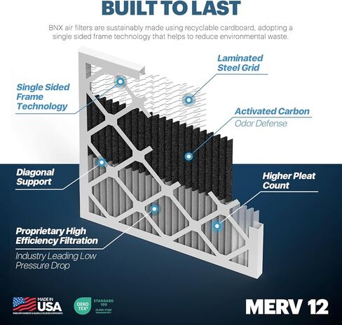 BNX TRUFILTER 16X25X1 MERV 12 Defense Defense (2 pack) AC FURNACE FILTER مع كربون نشط - مصنوع في الولايات المتحدة الأمريكية - مرشحات فرن الهواء المطوي HVAC AC - يزيل الرائحة ، العفن ، البكتيريا ، الدخان in Kuwait