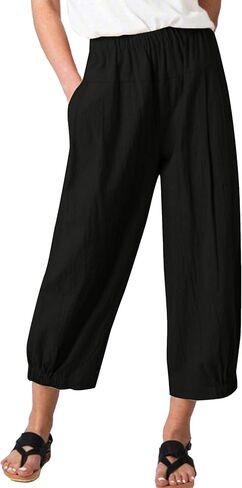 Bozanly Summer Capri Pants for Women Casual Elastic Waist Cotton Linen Comfy Yoga Crop Pants Trousers 2025 in Kuwait