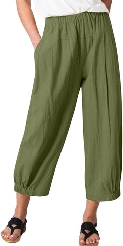 Bozanly Summer Capri Pants for Women Casual Elastic Waist Cotton Linen Comfy Yoga Crop Pants Trousers 2025 in Kuwait