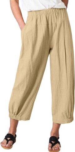Bozanly Summer Capri Pants for Women Casual Elastic Waist Cotton Linen Comfy Yoga Crop Pants Trousers 2025 in Kuwait
