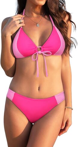 Women Bikini Set Bathing Suit Trendy Two Piece Push Up Color Block Swimsuit Sexy Adjustable Chest Tie Swimwear in Kuwait