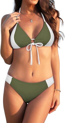 Women Bikini Set Bathing Suit Trendy Two Piece Push Up Color Block Swimsuit Sexy Adjustable Chest Tie Swimwear in Kuwait