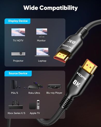 Cable HEDMI Long HDMI 20 قدمًا ، 10K 8K 4K Ultra HD SPEED 2.1 HDMI Cable 48GBPS مضفر CORD-4K@120HZ 8K@60Hz ، DTS: X ، HDCP 2.2 و 2.3 ، HDR 10 CATABLE مع ROKU TV/PS5/HDTV/ in Kuwait