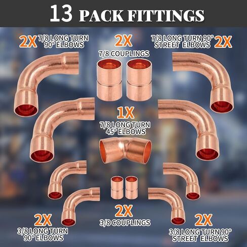 Copper Fittings Kit HVACR 3/8 & 7/8 Line Set, Copper Pipe Fitting Coupling and Elbow, Air Conditioning Refrigeration Liquid Line & Suction Lines Tubing Pipes for Central/Split A/C systems in Saudi Arabia