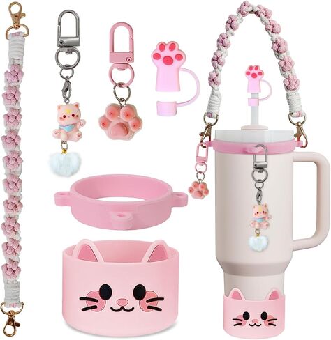 6PCS Cute Cat Stanley Cup Accessories Set for Stanley Cup 30oz 40oz, Includes Straw Topper, Siliocne Boot, Water Bottle Handle Strap, Cat Charms, Black in Kuwait