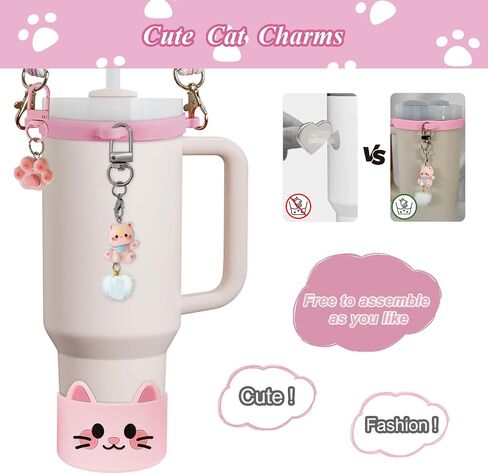 6PCS Cute Cat Stanley Cup Accessories Set for Stanley Cup 30oz 40oz, Includes Straw Topper, Siliocne Boot, Water Bottle Handle Strap, Cat Charms, Black in Kuwait