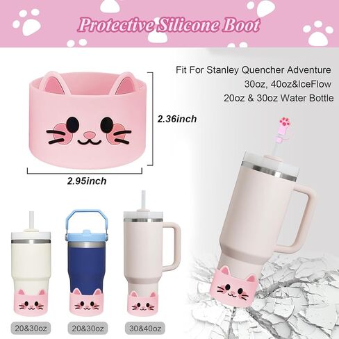 6PCS Cute Cat Stanley Cup Accessories Set for Stanley Cup 30oz 40oz, Includes Straw Topper, Siliocne Boot, Water Bottle Handle Strap, Cat Charms, Black in Kuwait