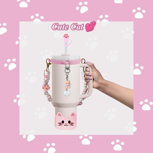 6PCS Cute Cat Stanley Cup Accessories Set for Stanley Cup 30oz 40oz, Includes Straw Topper, Siliocne Boot, Water Bottle Handle Strap, Cat Charms, Black in Kuwait
