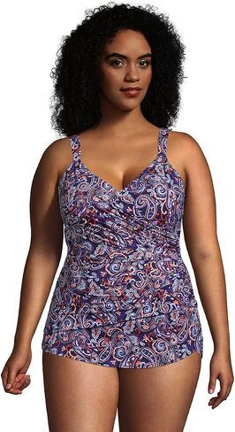 Lands' End Womens Slender V-Neck Tunic One Piece Swimsuit Deep Sea Navy Retro Paisley DDD-Cup Plus 24w in Saudi Arabia