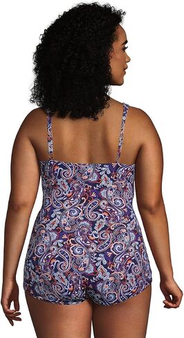 Lands' End Womens Slender V-Neck Tunic One Piece Swimsuit Deep Sea Navy Retro Paisley DDD-Cup Plus 24w in Saudi Arabia