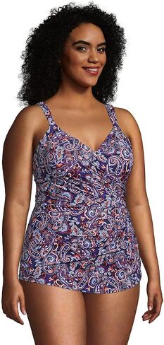 Lands' End Womens Slender V-Neck Tunic One Piece Swimsuit Deep Sea Navy Retro Paisley DDD-Cup Plus 24w in Saudi Arabia