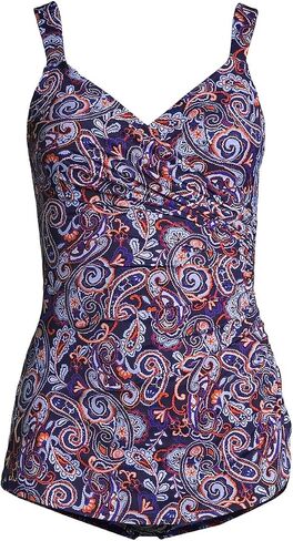 Lands' End Womens Slender V-Neck Tunic One Piece Swimsuit Deep Sea Navy Retro Paisley DDD-Cup Plus 24w in Saudi Arabia