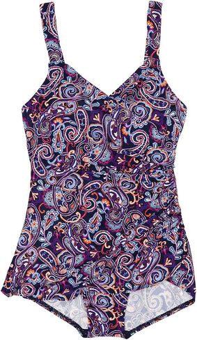 Lands' End Womens Slender V-Neck Tunic One Piece Swimsuit Deep Sea Navy Retro Paisley DDD-Cup Plus 24w in Saudi Arabia
