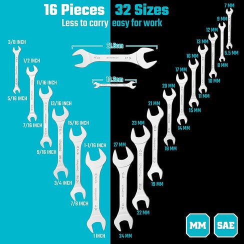 مجموعة مفتوح الربط المفتوح Duratech Super-Super ، SAE (5/16 "إلى 1-1/16") و Metric (5.5 ملم إلى 27 مم) ، من 16 قطعة ، مفتاح مفصل ضئيل مع حقيبة متداول in Kuwait