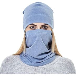 Fleece Beanie hat and Neck Warmer Set Light Weight Solid Color Skull Cap Scarf Mask for Men and Women