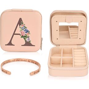 Graduation Gifts for Her - Travel Jewelry Case for Women, Initial Pink Jewelry Box - Inspirational Bracelets Graduation Gifts, Mini Jewelry Organizer, Travel Gifts 2024, Mothers Day Gifts - Letter A