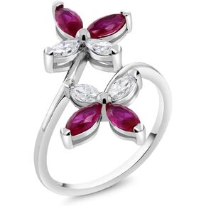 Gem Stone King 925 Sterling Silver Created Ruby Butterfly Flower Ring For Women