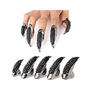Set of 5 Punk Style Eagle Claw Ring Gothic Jewelry False Nail Retro Clear Crystal Talon Finger Ring Knuckle Bend Fingertip Claw for Cosplay Paty (black)
