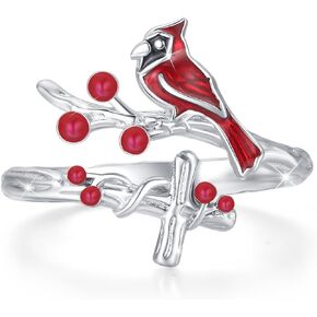 Cardinal Ring 925 Sterling Silver Cross Cardinal Adjustable Ring Red Bird Ring for Women Animal Ring Memorial Sympathy Cardinal Jewelry Gift