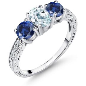 Gem Stone King 925 Sterling Silver Sky Blue Aquamarine and Blue Created Sapphire Women Ring (2.07 Cttw, Gemstone Birthstone, Available In Size 5, 6, 7, 8, 9)