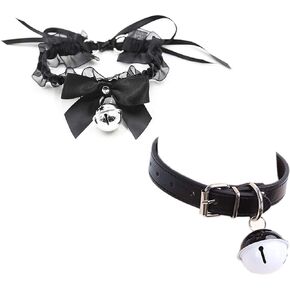 2Pcs/set PU Leather Lace Choker Collar for Women Punk Necklace Cute Bow Lace Girls Cosplay Cat Bell Chokers
