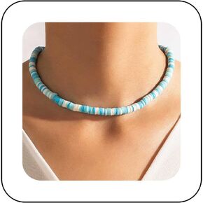 Boho Heishi Surf Choker Necklace Heishi Bead Choker Necklace Vinyl Disc Bead Necklace Chain Vinyl Bead Collar Necklace Chain Jewelry for Women and Girls