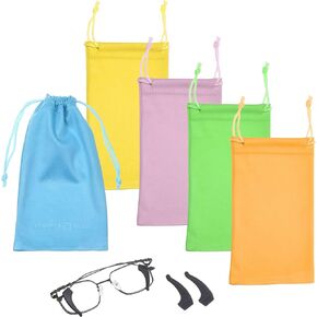 Eco-Fused Soft Glasses Case - 5-Pack Microfiber Glasses Pouch - 2 Pairs Ear Hooks - Travel Sunglasses Organizer - Safety Glasses Case with Drawstring Closure - Storage and Cleaning Sunglass Bag
