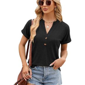 بلايز نسائية كاجوال صيفية بياقة على شكل V وأكمام قصيرة، بلوفر أساسي بأزرار سفلية، توب تونيك in Kuwait