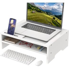 Monitor Stand Riser with Storage Organizer Desktop with Cooling Holes Bamboo Laptop Riser Shelf for Office and Home Use 16.7x11.8x5 inch (White)